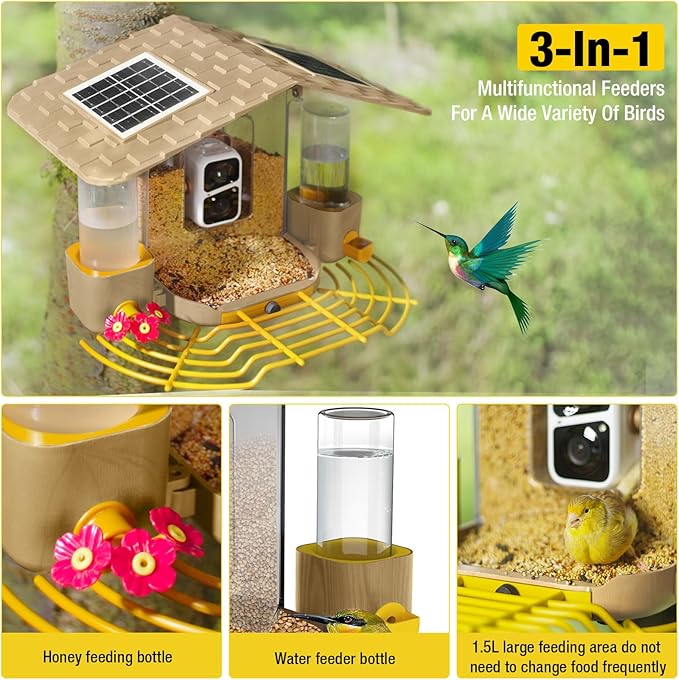 Aivituvin Bird Feeder Camera with AI Identification, Solar Powered, Wireless Hummingbird Feeder with Food, Water, Honey, Present for Bird Lovers