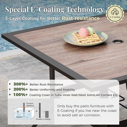 5 Pieces Patio Table and Chairs Set, 4 Person Outdoor Dining Furniture Set, 4 Red Textilene Chairs and 37" Wood-Like Table Top Table with Umbrella Hole, for Deck Backyard Lawn