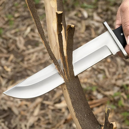 D2 13 Inch Full Tang Fixed Blade Bowie Knife with Leather Sheath - Suitable for Outdoor, Bushcraft, Survival, and Camping Knife with Black Micarta Handle