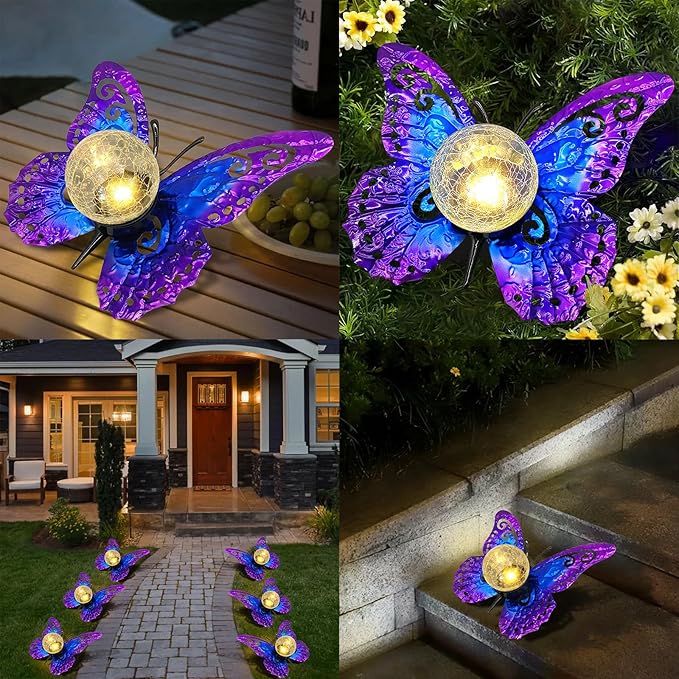 Solar Lights Outdoor Garden Butterfly Decor, Metal Butterfly Statue Decoration with LED Crackle Glass Globe, Solar Powered Lighted Garden Art Decor for Patio Lawn Yard Pathway Tabletop Ground