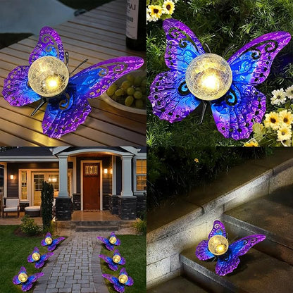 Solar Lights Outdoor Garden Butterfly Decor, Metal Butterfly Statue Decoration with LED Crackle Glass Globe, Solar Powered Lighted Garden Art Decor for Patio Lawn Yard Pathway Tabletop Ground