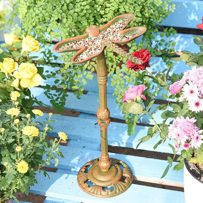 Sungmor Heavy Duty Cast Iron Small Bird Bath for Garden - Wild Bird Water Bath Food Holder - Outdoor Yard Standing Feeder with Vintage Special Color & Lovely Dragonfly Shape - Great Garden Ornament