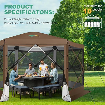 COBIZI 12x12 Pop up Gazebo Screen House Tent for Camping, Outdoor Canopy with Removable Roof&Mosquito Netting, Portable Hub with Carrying Bag and Ground Stakes, Brown