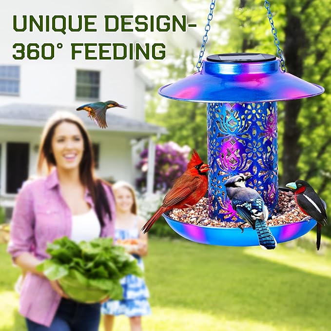 XDW-GIFTS Bird Feeder for Outdoors Solar Hanging Bird Feeder Bird House with Cardinal Feeder Large Capacity Metal Wild Bird Feeder for Garden Decor Unique Gifts & Patio Decor (Blue, 8 INCH)