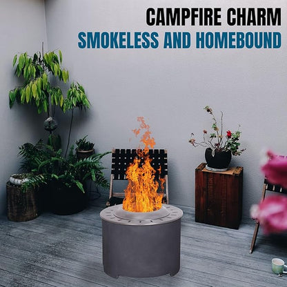 Afterglow Smokeless Fire Pit, 20.5" Round Wood Burning Stainless Steel Top & TerraFab Base, Firepit with Weather Cover Perfect for Outdoor Patio Garden, Dark Grey