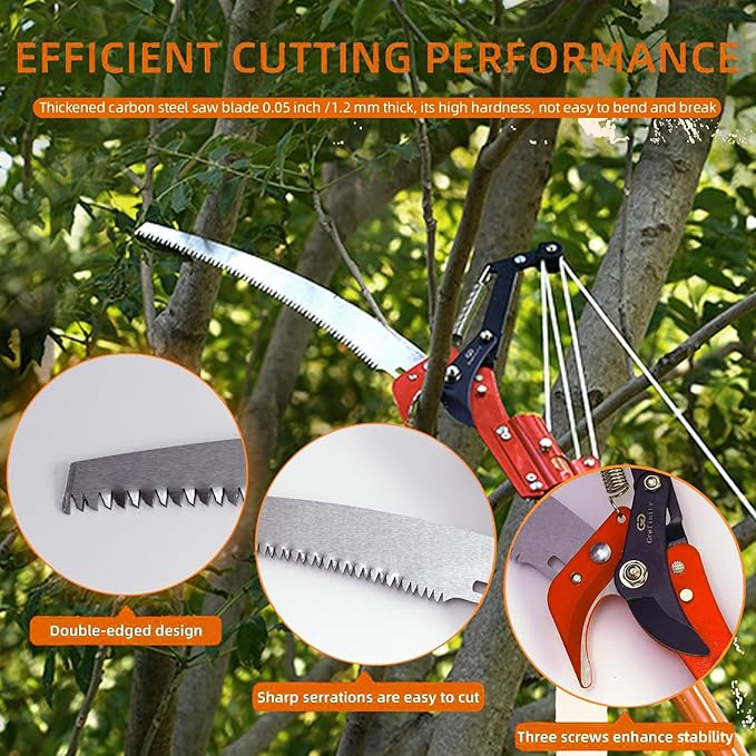 27FT Manual Pole Saw, Tree Branch Trimmer with 8-Section Fiberglass Handle, Sharp Steel Blade and Scissors, Lightweight Extendable Design for High Branch Trimming,Orange