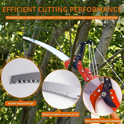 27FT Manual Pole Saw, Tree Branch Trimmer with 8-Section Fiberglass Handle, Sharp Steel Blade and Scissors, Lightweight Extendable Design for High Branch Trimming,Orange