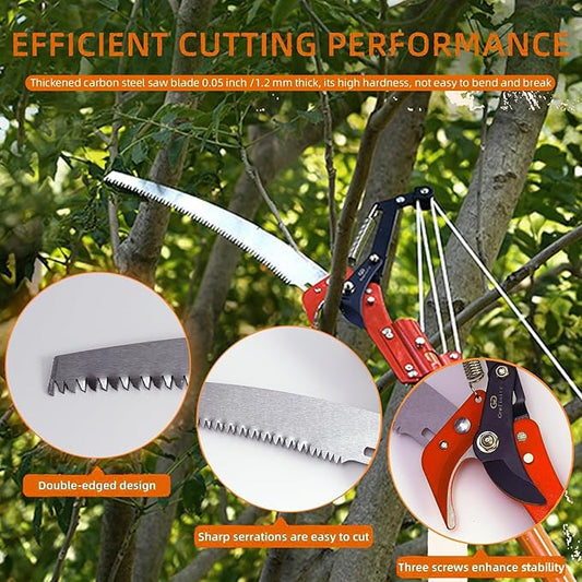 27FT Manual Pole Saw, Tree Branch Trimmer with 8-Section Fiberglass Handle, Sharp Steel Blade and Scissors, Lightweight Extendable Design for High Branch Trimming,Orange