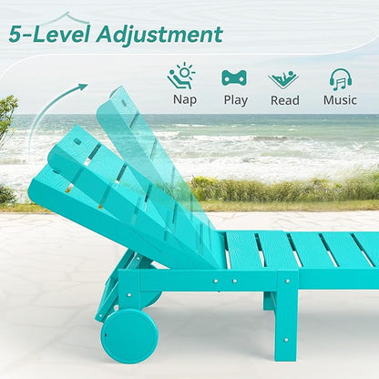 Outdoor Chaise Lounge Chairs, 26.8” Super Wide Lounge Chair Outdoor, HDPS Pool Chairs with 5 Positions, Patio Lounge Chair with Wheels for Pool,Lawn,Backyard, Aruba Blue