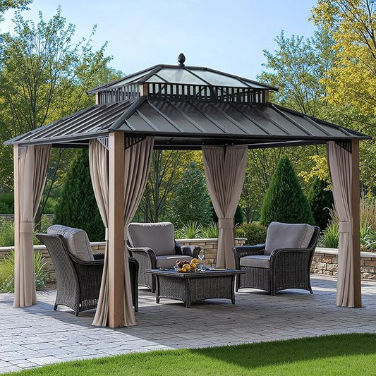 SUNJOY Kingston 12' x 10' Hardtop Gazebo with Galvanized Steel/Polycarbonate Double Roof, Curtain and Netting, Woodgrain Finish Aluminum Posts Permanent Pavilion Gazebo for Garden, Patio, Deck, Lawn