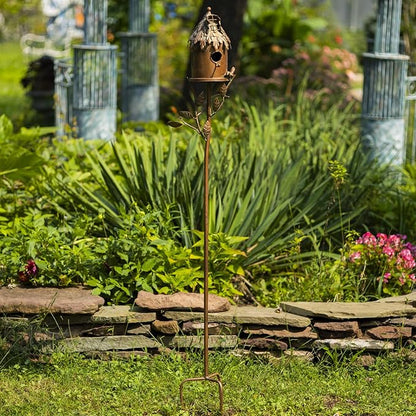 Copper Color Bird House Garden Stake with Ornate Style Roof (Cylinder House)