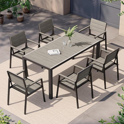 Outdoor Dining Set for 6, Patio Table and Chairs Set, Aluminum Patio Furniture Set with Umbrella Hole, HDPS Patio Dining Table Set for 6 (Gray)