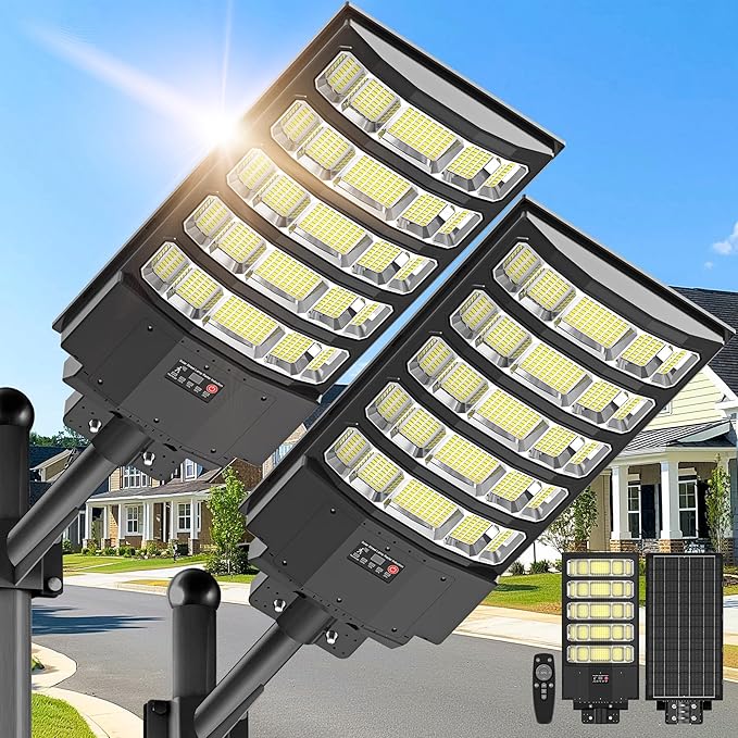 10000W Solar Street Light - 8000K Solar Lights Outdoor IP66 Waterproof,350° Wide Angle Dusk to Dawn,Commercial Solar Parking Lot Lights with Motion Sensor & Remote,LED Flood Light for Yard (2 Pack)