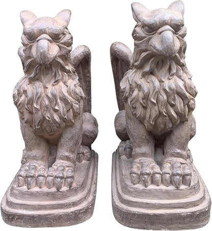 Zaer Ltd. Set of 2 Garden Griffin Statues, Magnesium-Cement Sculptures, 28.3" H Outdoor Entrance Decor (Antique Rust)
