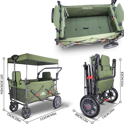 TMZ Collapsible Foldable Wagon Cart with Quick-Release Wheels and 2 Seats, Heavy Duty Wagon 265LBS Load Capacity for Camping Garden Shopping (Green)