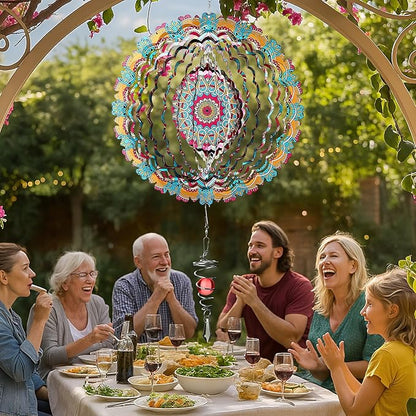 12 Inch Mandala Wind Spinners with Gazing Ball Spiral Tail, Outdoor 3D Stainless Steel Hanging Spinner Mandala Wind Catchers Sculpture for Indoor Outdoor Garden Yard Decoration (Flower)