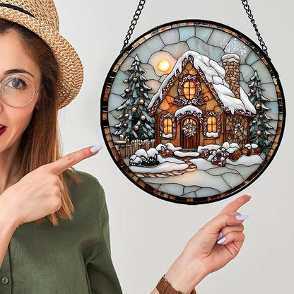 Stained Glass Window Hanging - Christmas Tree Cottage Sun Catcher for Door Garden Home Winter Decor Snowy Night Suncatcher Mother's Day Birthday Gifts for Women Men Mom Nana 9.8 in