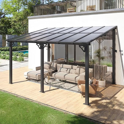 10x14FT Lean to Gazebo, Hardtop Metal Pergola with Polycarbonate Roof, Large Wall Mounted Heavy Duty Awnings, Patio Canopy for Backyard, Deck, Porch