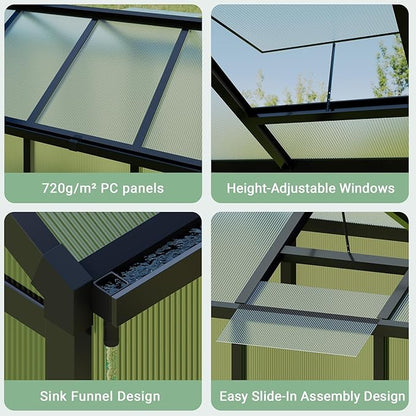 6x8 FT Greenhouse, Easy Assembly Aluminum Polycarbonate Greenhouses for Outdoors with Roof Vent and Ground Nails, Heavy Duty Aluminum Walk-in Greenhouse for Backyard, Sliding Lockable Door, Black