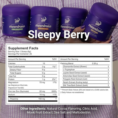 MoonBrew Nighttime Magnesium Sleepy Berry Smoothie, Natural Sleep Aid Drink Mix for Adults, 3-Pack - Calming Melatonin-Free Sleep Support with L-Theanine, Chamomile & Zinc Glycinate - 75 Servings