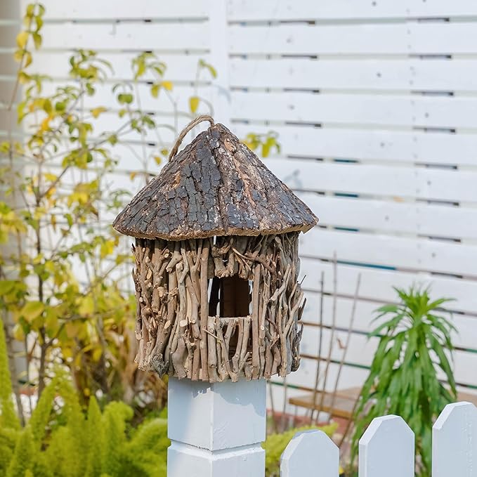 Twig-Covered Cylinder Birdhouse, 2.4" Entry for Medium Birds, Natural Branch Exterior & Waterproof Interior, Woodland Garden Backyard Decor