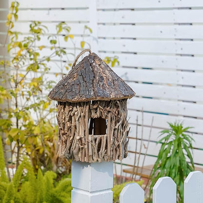 Twig-Covered Cylinder Birdhouse, 2.4" Entry for Medium Birds, Natural Branch Exterior & Waterproof Interior, Woodland Garden Backyard Decor