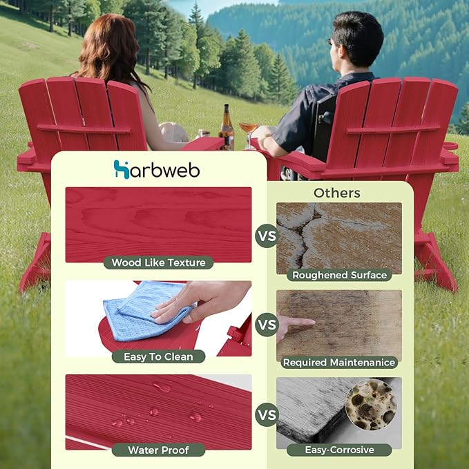 Folding Adirondack Chair with Wood Texture, HDPE All-Weather Fire Pit Chairs, Plastic Adirondack Chairs with 2 Cup Holder, Outdoor Lawn Chair for Patio Garden (Red)