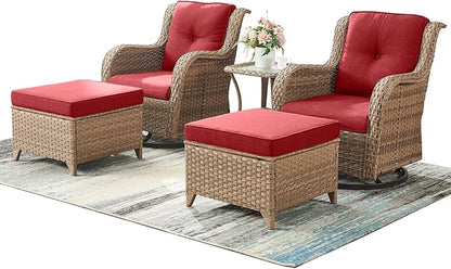 Outdoor Wicker Patio Furniture Set - 5 Pieces Rattan Patio Conversation Set with 2 Rocking Swivel Chairs,2 Ottomans and 1 Side Table for Porch Deck Backyard Garden(Yellow/Red)