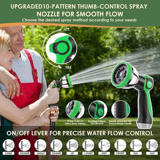Non-Expandable Garden Hose 50 ft, Ultra Lightweight Flexible Water Hose with 10-Pattern Nozzle, Leak-Proof, High-Density Fabric, Thickened Connector, Shut-Off Valve for Yard, Lawn, Outdoor