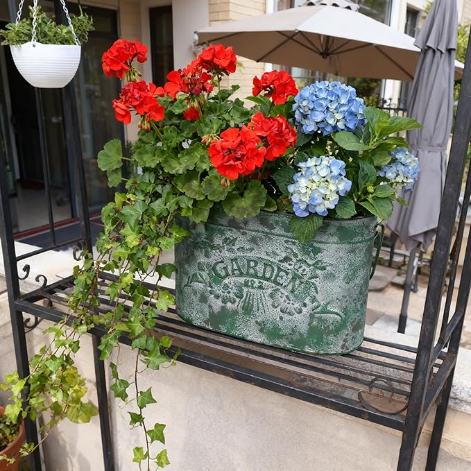 Vintage Distressed Green Metal Planter Pot with Handles, Garden No.2 Embossed Design, Rustic Farmhouse Flower Bucket for Indoor Outdoor Gardening, Succulents, Herbs, Home Decor