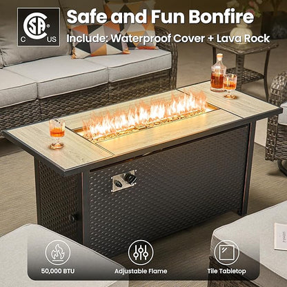 ovios 7 Pieces Patio Furniture Set, Outdoor Wicker Sofa Couch with Swivel Chairs 54" Fire Pit Table, High Back All Weather Modern Conversation Sets, Grey Rattan, Grey