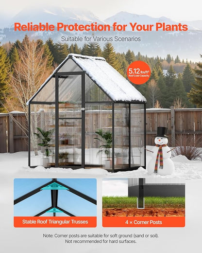 VEVOR 6 x 4 FT Polycarbonate Greenhouse, Heavy Duty Outdoor Green House with Adjustable Vent & Push-Pull Lockable Door, Quick Setup, Aluminum Frame Walk-in Greenhouse Sunroom for Outside Garden Lawn