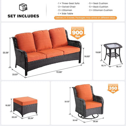 ovios 6 Pieces Patio Furniture Set, Outdoor Wicker Sofa Couch with Swivel Chairs Ottomans Comfy Cushions, High Back All Weather Modern Conversation Sets, Brown Rattan, Orange Red