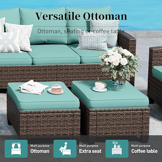 Patio Furniture Set Outdoor Furniture Brown Wicker Rattan Patio Conversation Sets with Cushion Outside Sofa Set,5 Pieces with Firepit Table,7 Seats,Blue