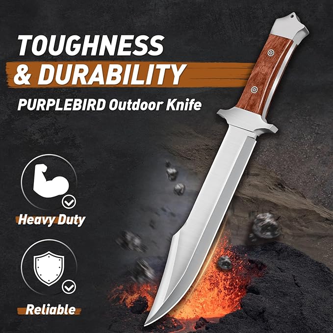 PURPLEBIRD 10" Fixed Blade Hunting Knife for Men, Full Tang Bowie Knife with Sheath, Heavy Duty Machete Knifes, Stainless High Carbon Steel Survival Knives for Camping, Bushcraft, Gifts for Men