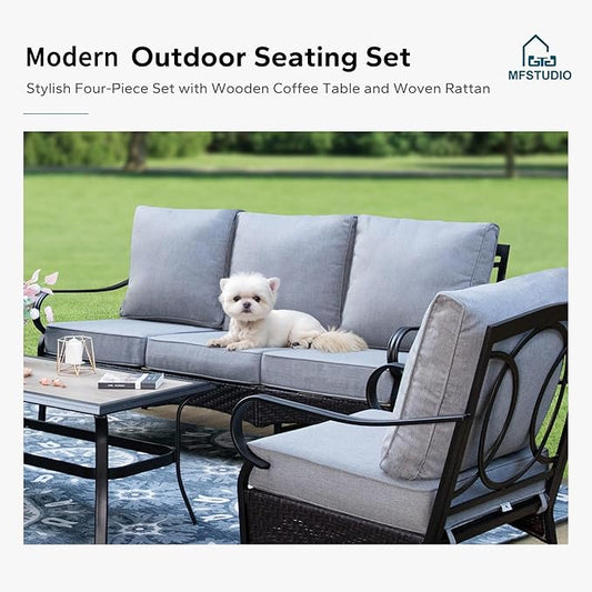 MFSTUDIO 4 Pieces Outdoor Patio Furniture Set, Metal Outdoor Conversation Set, Rattan Wicker Patio Sectional Sofa Set with 2 x Rocking Single Sofa, 3-Seat Sofa, 1 x Coffee Table, Grey