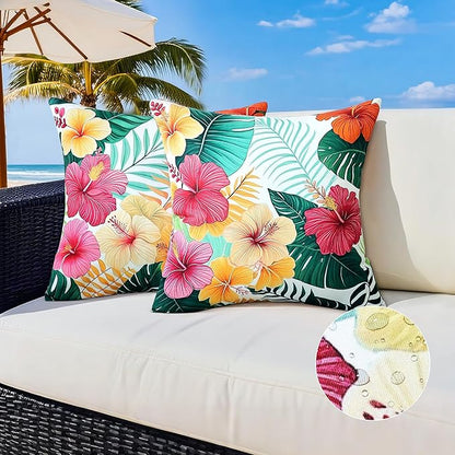 Outdoor Pillow Covers 18x18 Inch Set of 2 Tropical Floral Plants Boho Throw Pillows Cases Waterproof Square Garden Cushion Sham for Patio Funiture Tent Balcony Bench Sofa Couch, Green