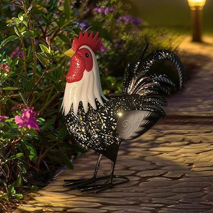 Metal Rooster Statue Yard Decor - 15" Solar Light Metal Yard Art Standing Chicken Statue Garden Decoration, Large Animal Sculpture Chicken Themed Gift for Outdoor Porch Patio Backyard Lawn Ornament