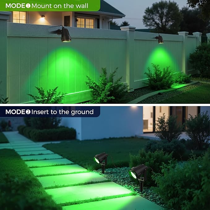 L LOHAS LED Green Spotlight Outdoor, Christmas Green Spot Lights for Yard, Auto On/Off 5W 120V Landscape Lighting for House, Holiday, Trees, Decoration, 450LM IP66 Waterproof, UL Listed, 2 Pack