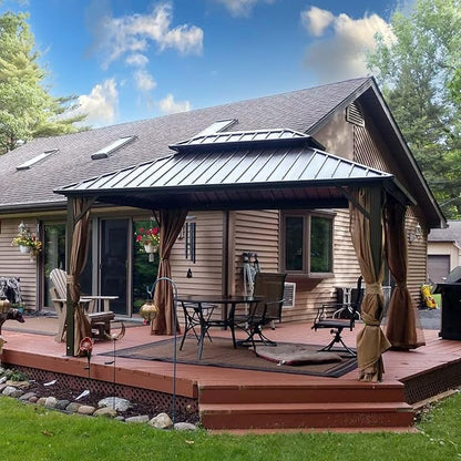 Domi 10' x 12' Hardtop Gazebo Permanent Metal Gazebo with Galvanized Steel Double Roof, Curtains and Netting for Party, Wedding, Outdoor Dining, Patio, Backyard, Brown