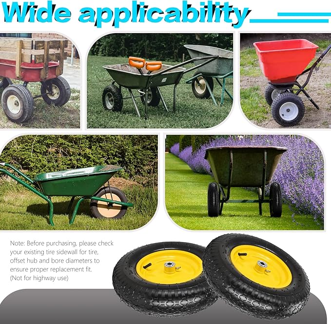 16” Pneumatic Wheelbarrow Tires 4.80/4.00-8" Tire and Wheel with 5/8" 3/4" Bearings 3-7” Centered Hub for Wheelbarrows Garden Trailer Garden Carts Wagon