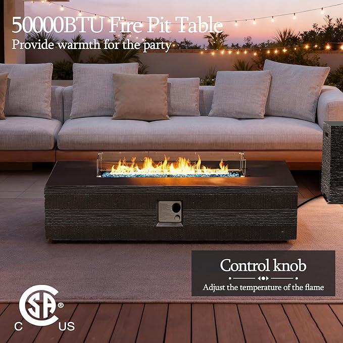 UPHA 56-inch Outdoor Propane Gas Fire Pit Table 50000 BTU Concrete Rectangle FirePit for Outside Patio with Propane Tank Cover, Wind Guad, Navyblue Fire Glass, Rain Cover, Grey Texture