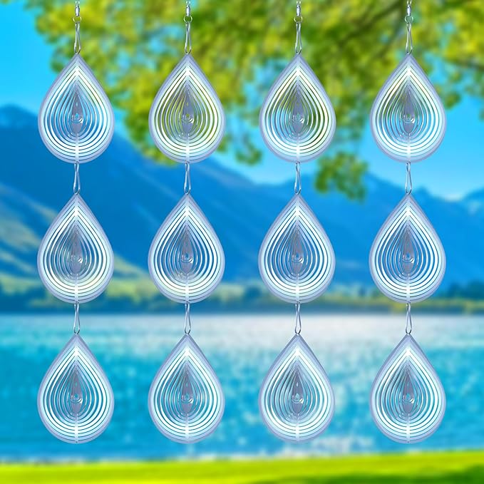 3D Water Drop Pendant Stainless Steel Wind Spinners, Bird Scare Discs with Metal Shiny Highly Reflective Double Sided 360°Rotating, Deterrents to Keep Scare Birds Away from Garden Patio Porches Yard