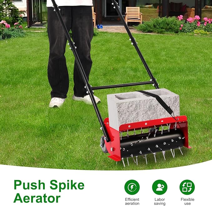 sancat 18.5 inch Push Spike Aerator, Lawn Aerator Tool with Side skids,Aerator with Two Height Adjustable Wheel,Rolling Aerator Suitable for Lawn, Garden and Yard