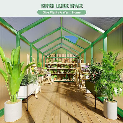 6x10 FT Greenhouse, Easy Assembly Aluminum Polycarbonate Greenhouses for Outdoors with Roof Vent, Large Aluminum Walk-in Greenhouse for Sunroom Patio, Backyard, Garden, Sliding Lockable Door, Green