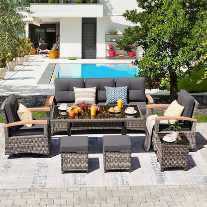 MEISSALIVVE 7 Pieces Patio Furniture Sets, PE Wicker Outdoor Conversation Sets with 2 Wood Armrests Swivel Rocker Chairs, 2 Ottomans, 3-seat Sofa and Dining Table (Grey)