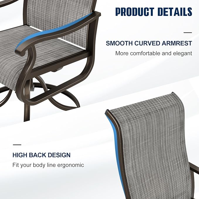 UDPATIO Outdoor Swivel Dining Chairs Set of 2, Patio Dining Chairs High Back with All Weather Breathable Textilene, Metal Rocking Frame for Lawn Garden Backyard, Gray White