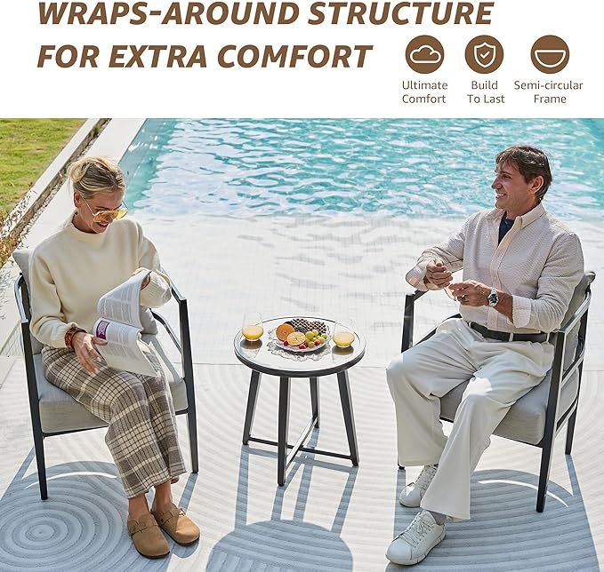 NATURAL EXPRESSIONS Outdoor Patio Furniture Conversation Sets 3 Pieces Patio Lawn Chair Set Porch Chairs with Metal Table for Balcony Yard Garden Lawn Poolside