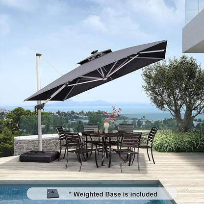 PURPLE LEAF 11 Feet Solar Powered LED Square Cantilever Umbrella With Base Patio Umbrella Windproof Hanging Umbrella Outdoor Umbrella Offset Umbrella, Grey