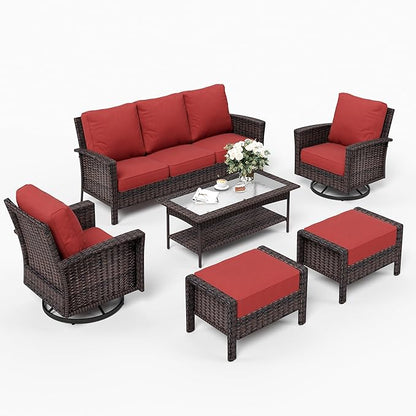 6 Piece Patio Furniture Set with Swivel Chairs, High Back Wicker Rattan Sofa with Extra Thick Cushion, Coffee Table and Ottoman, Outdoor Conversation Set for Backyard Deck,Red